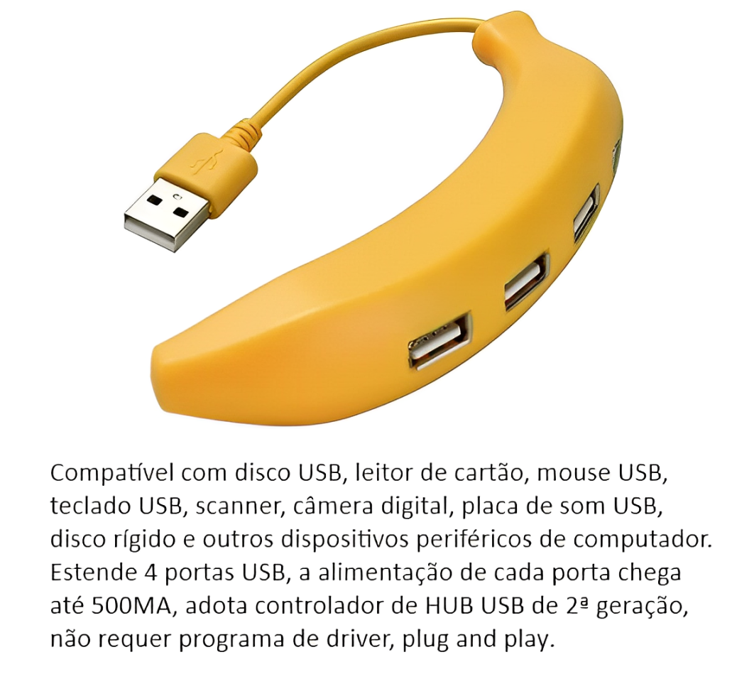 Divertido hub 2.0 4 Portas em forma de banana, Extensor USB Portátil, Compatível com notebook PC e MAC